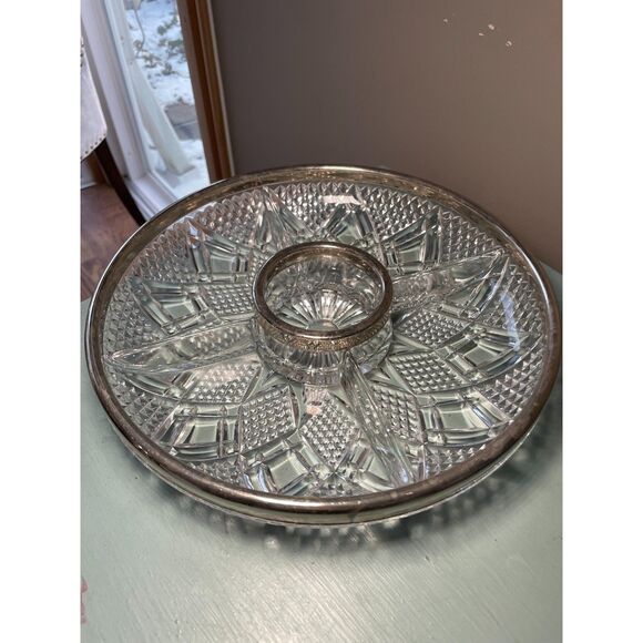 Vintage Lead Crystal 4 Section Diamond Cut Serving Dish with Silver Plate‎ Rim - Picture 1 of 8